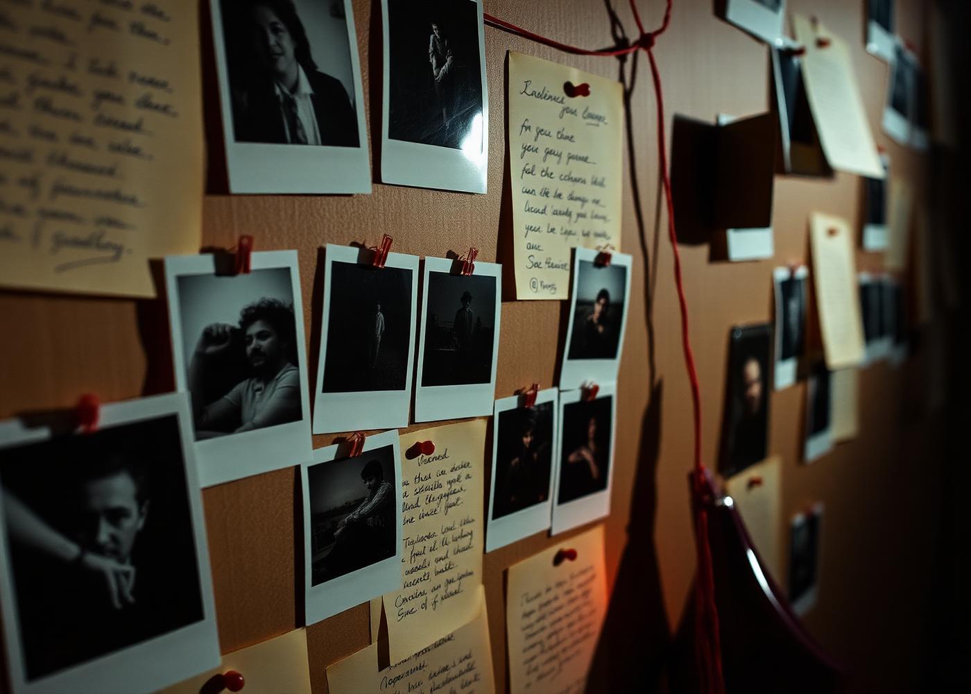 Painel de polaroids e bilhetes conectados por linha vermelha.
