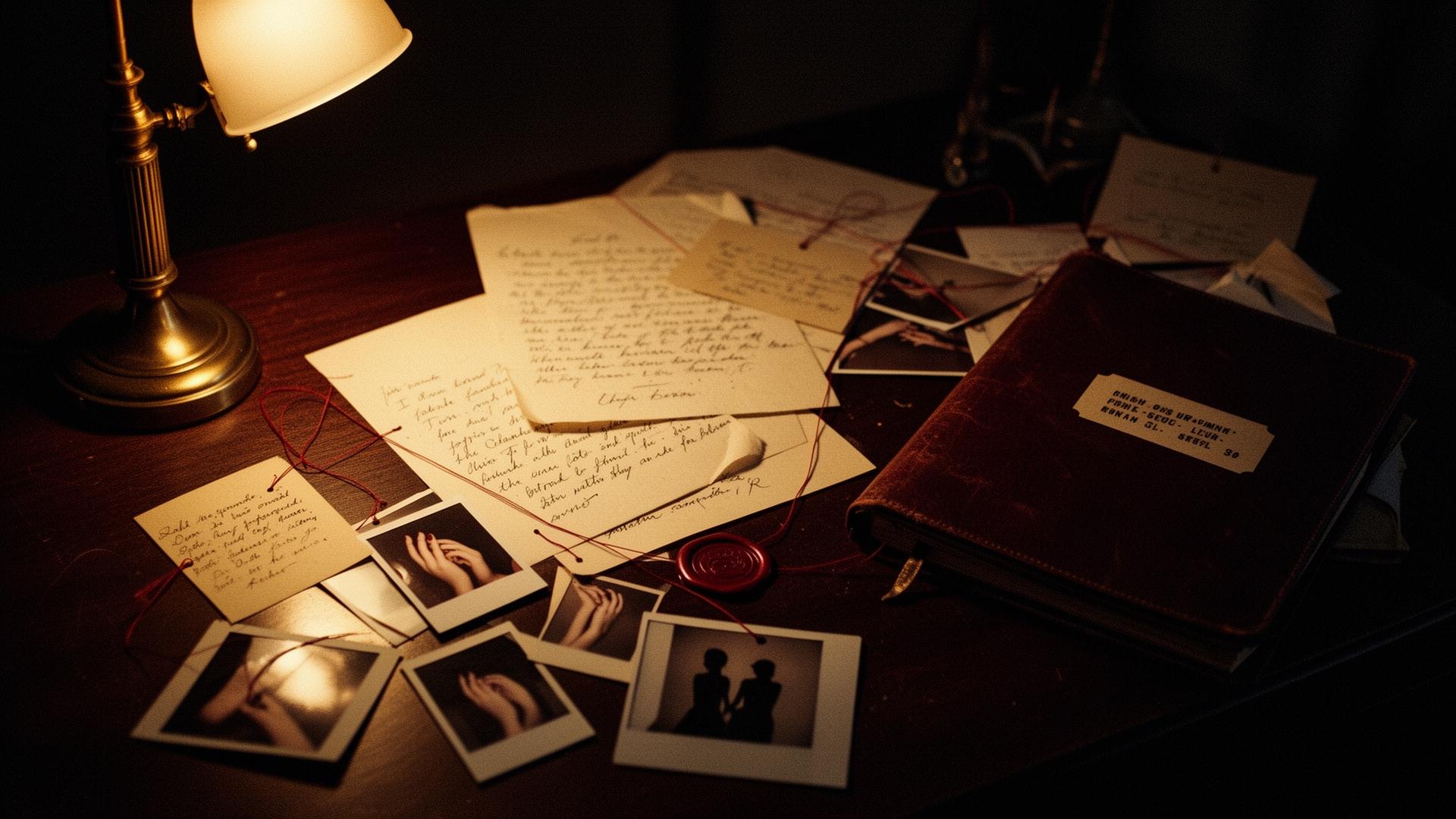Mesa escura com cartas, polaroids e selo de cera vermelho à luz de uma luminária dourada.
