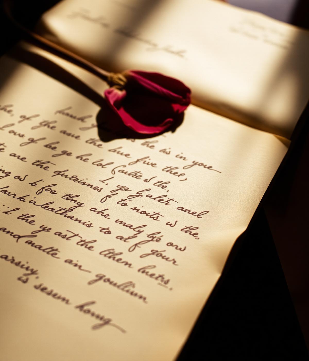 Carta manuscrita com pétala de rosa.