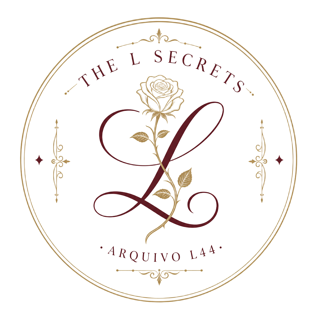 Logotipo selo The L Secrets — Arquivo L44, com rosa e L manuscrito em bordô e dourado